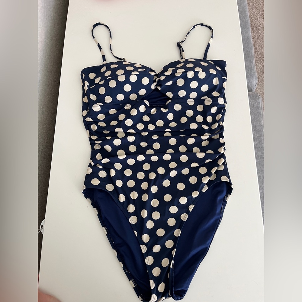 J. Crew Navy Blue and Cream Polka Dot One-Piece Swimsuit